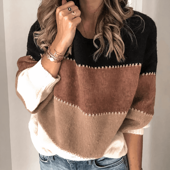 Colour Block Crew Neck Cable Knit Sweater