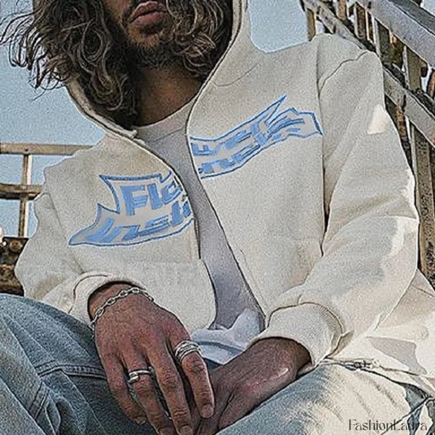 Neutral Casual Loose Oversized Flower Embroidery Zipper Hoody