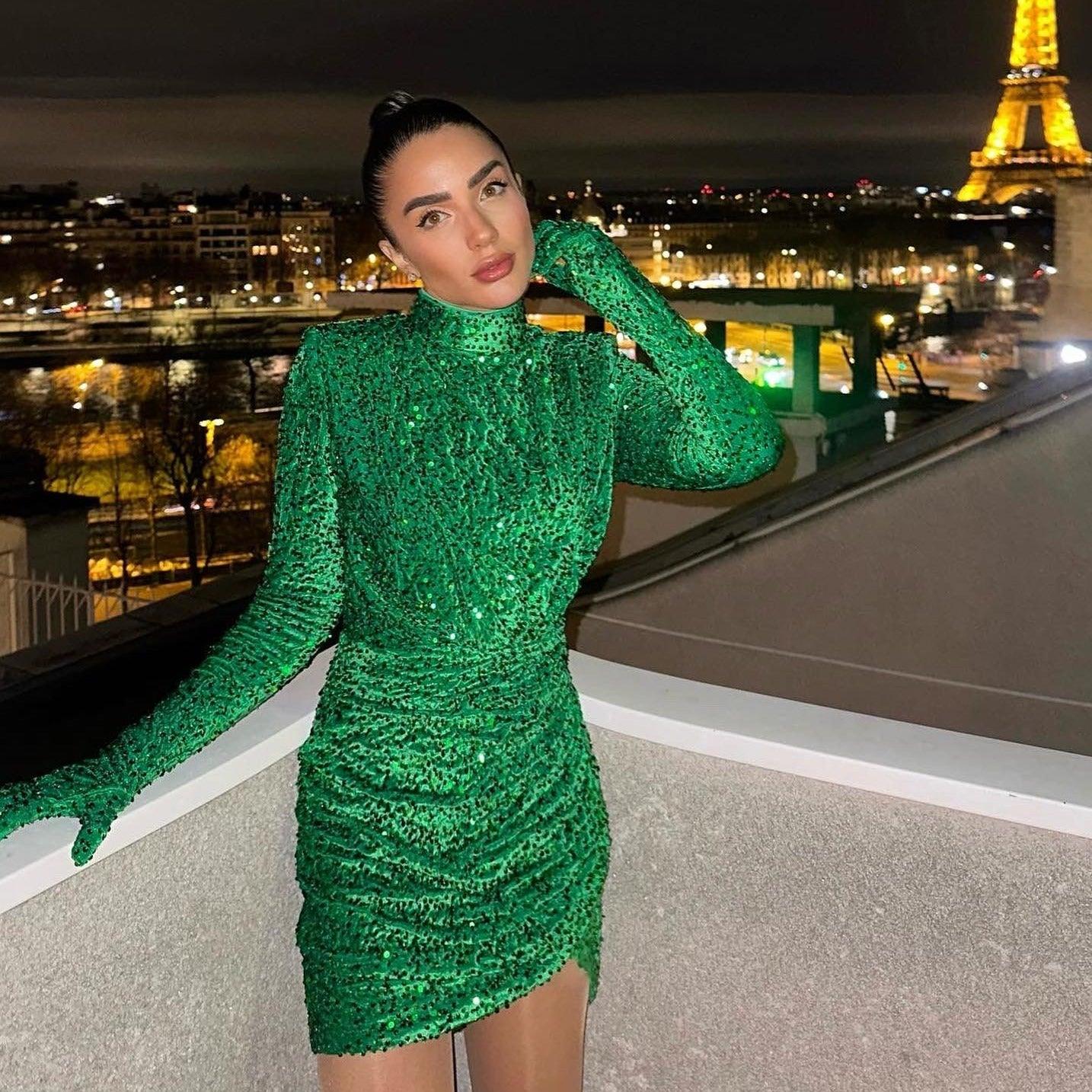 Sequin High Neck Long Sleeve Ruched Bodycon Mini Party Dress