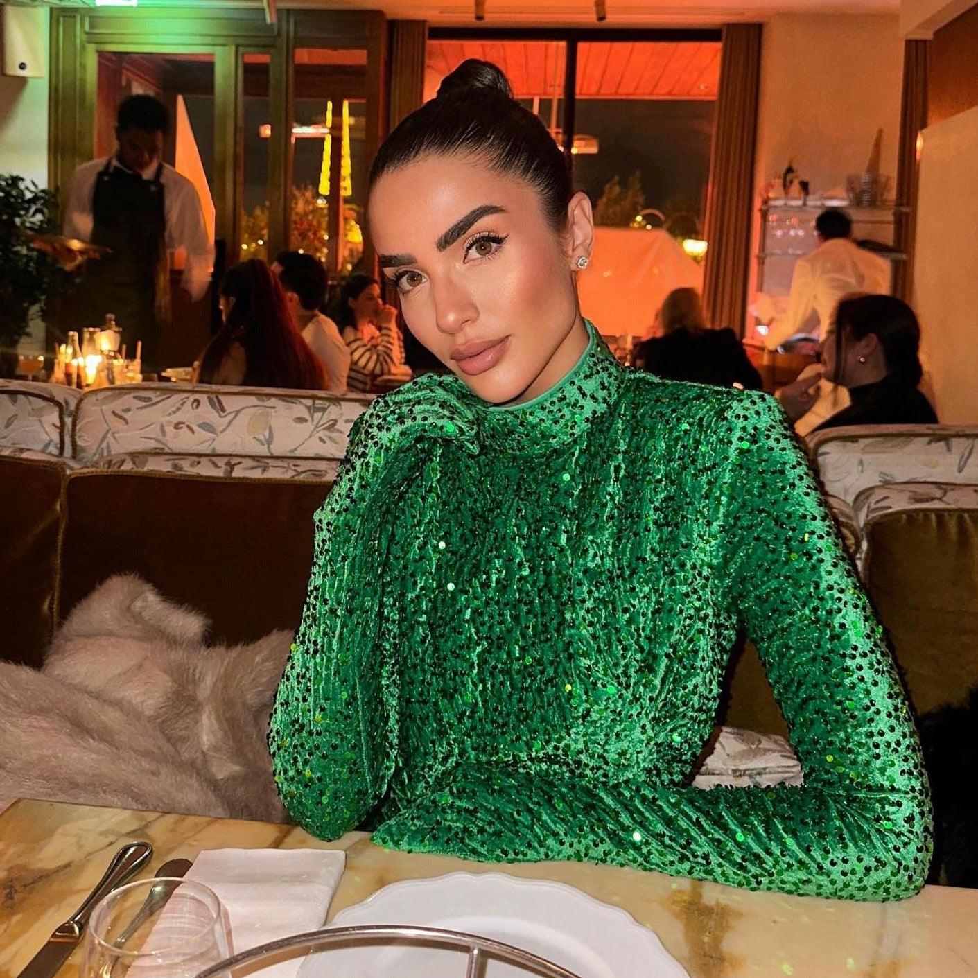 Sequin High Neck Long Sleeve Ruched Bodycon Mini Party Dress