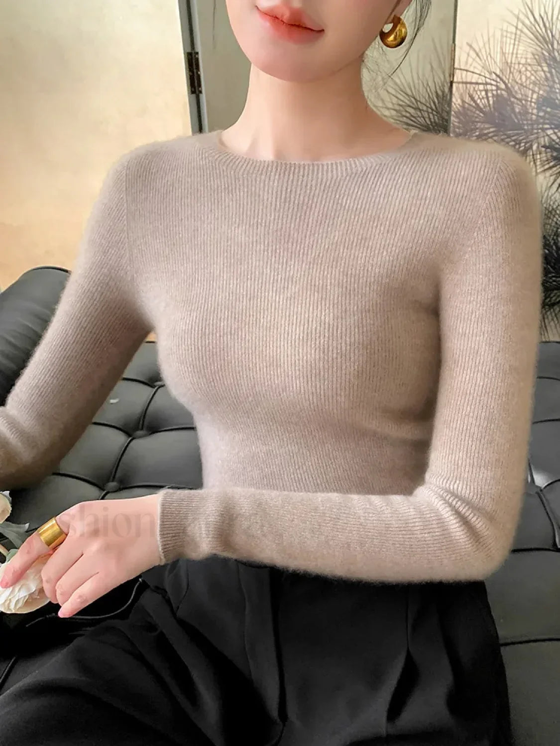 New Fashion Women's Slim O-neck Half-Sleeve Pullover Solid Color Merino Wool Sweater