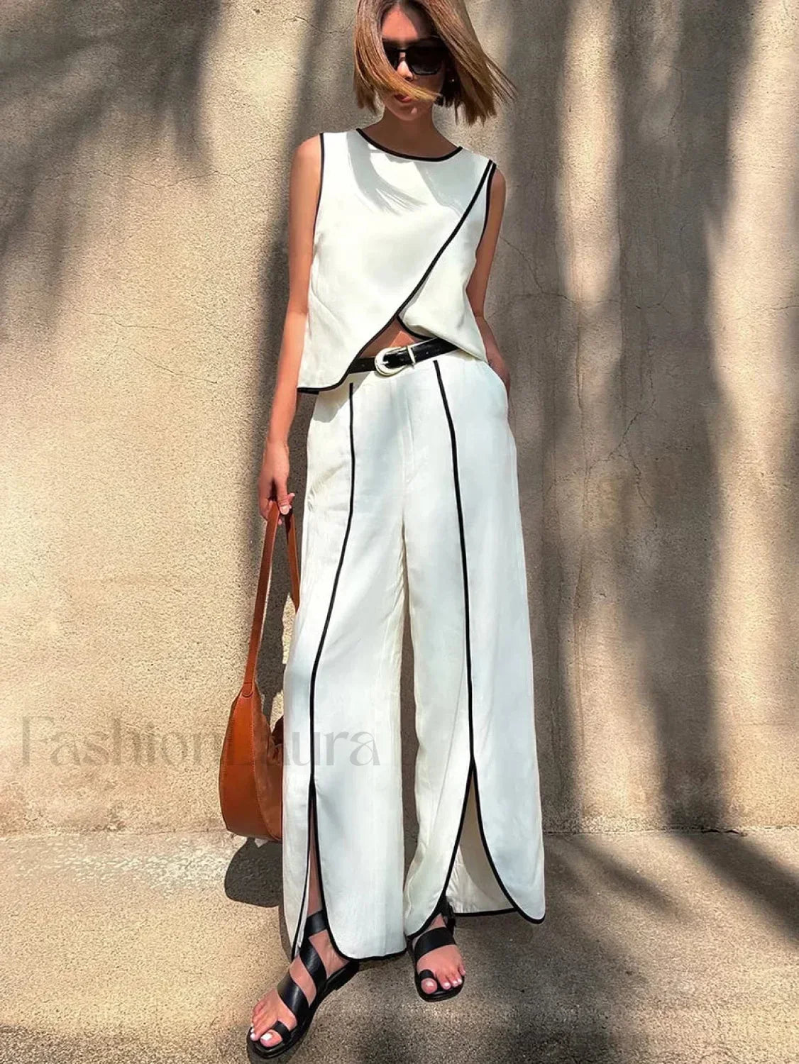 New O Neck Crop Pants Two Piece Set WHITE / S