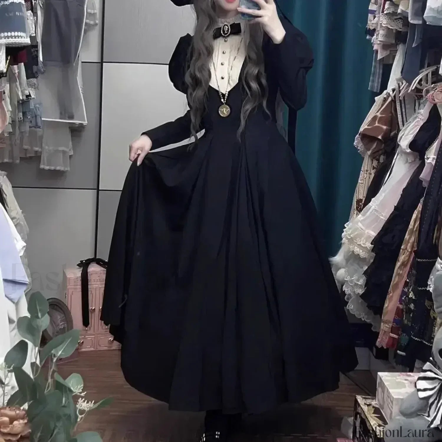 New Winter Black Lolita Dark Cinched Sleeve Waist Punk Gothic Harajuku Autumn Bubble Vintage Long Dress
