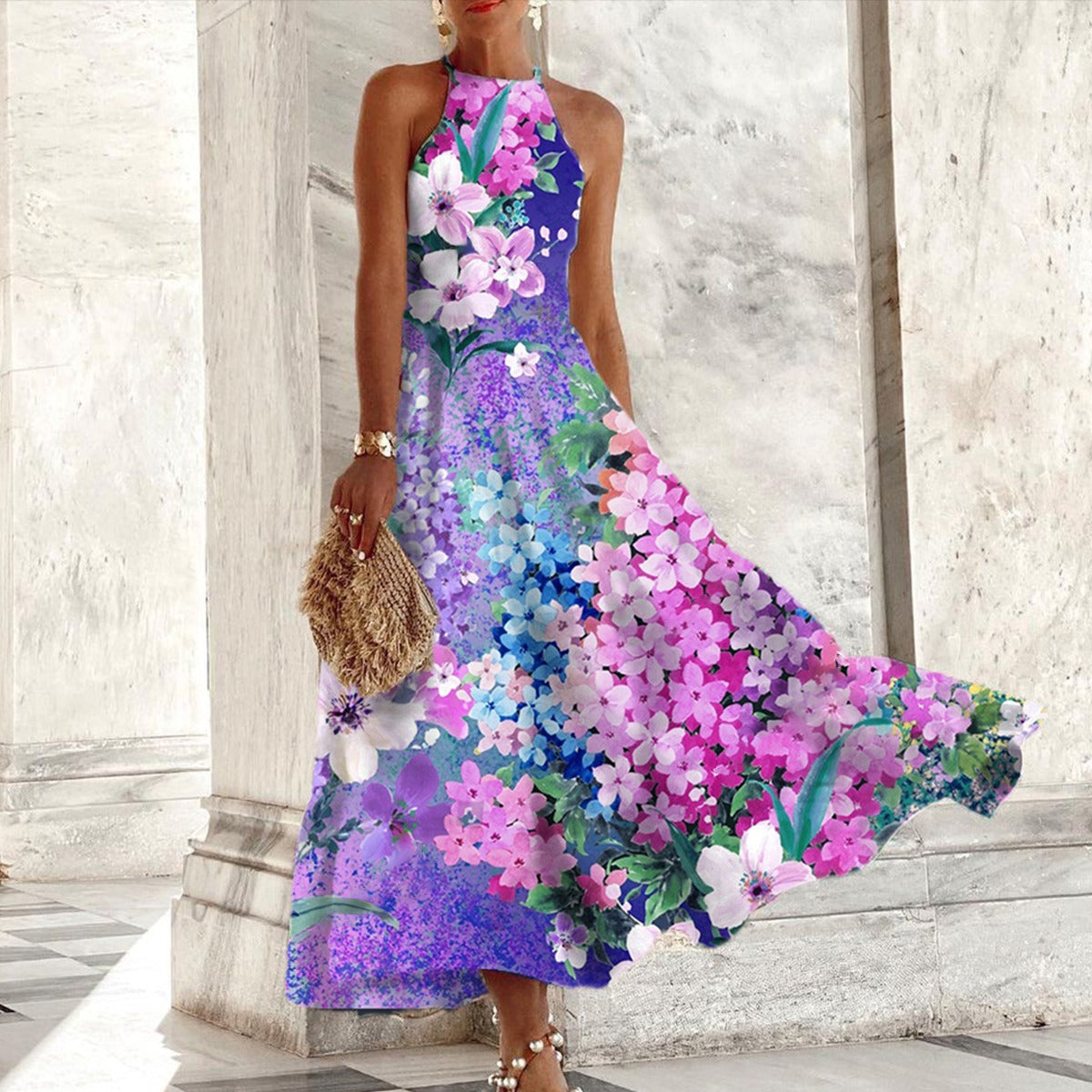 Eileen - Halter Neck Long Floral Dress Purple