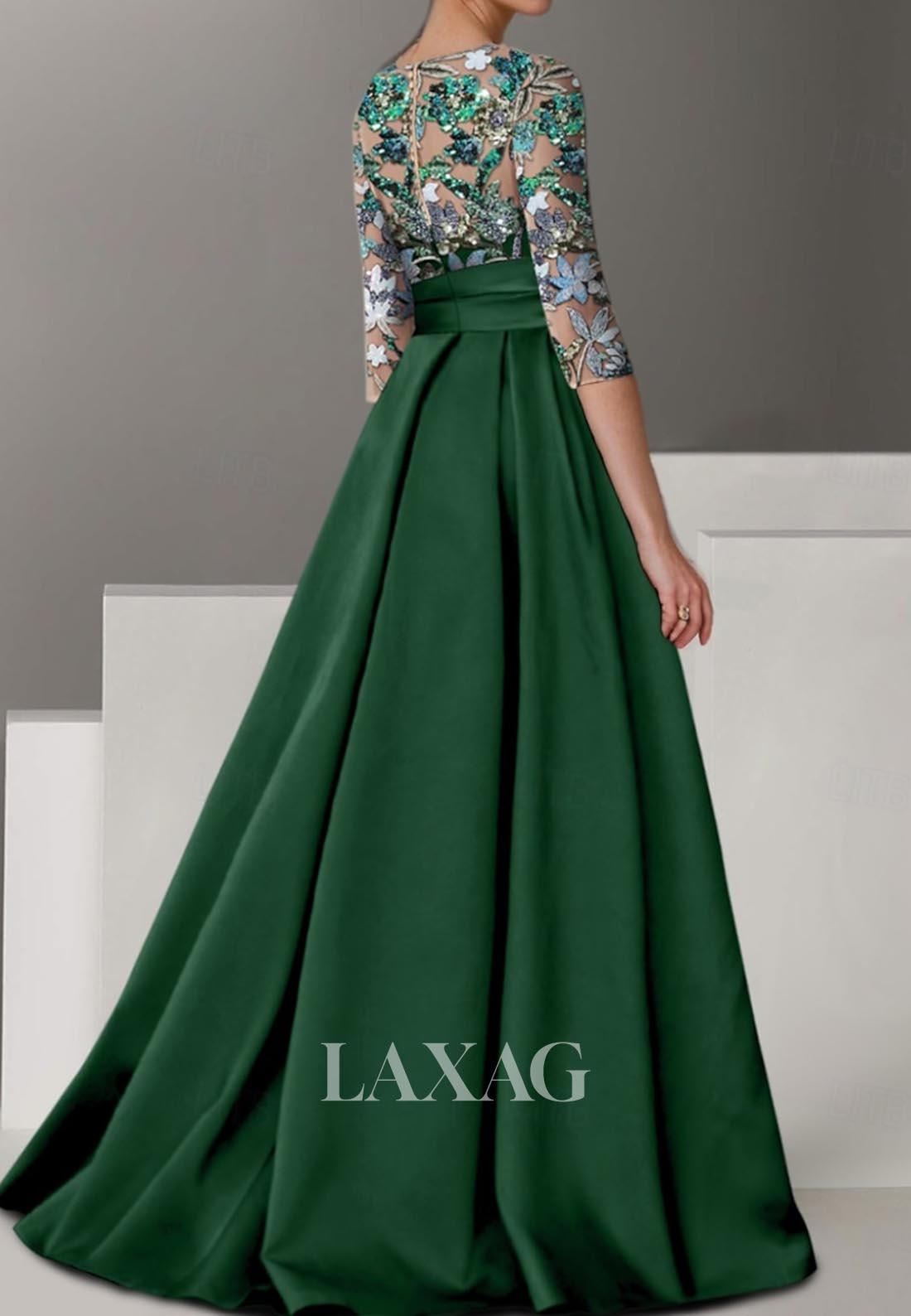 Scoop-Neck Floral Embroidered Sequined A-Line Evening Dress Half-Sleeves Floor-Length Formal Gowns