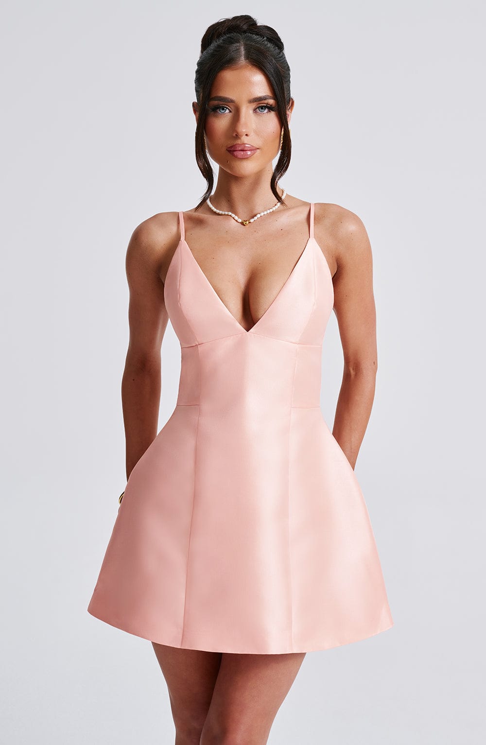 Satin Deep V-Neck Cami Strap Structured Flared Mini Dress 7