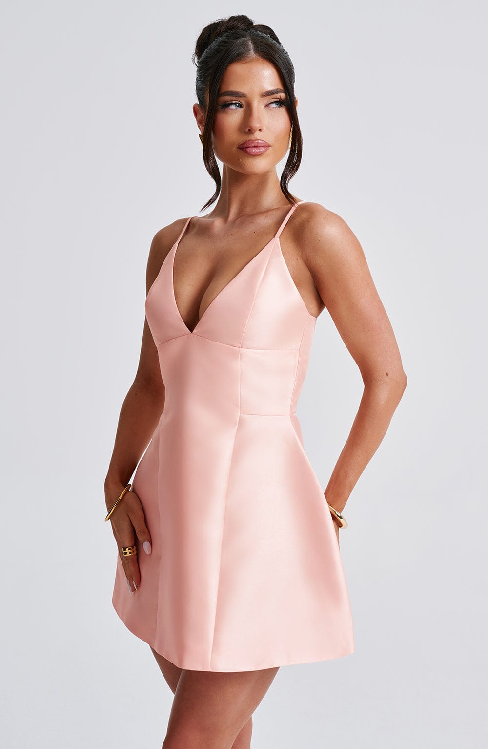 Satin Deep V-Neck Cami Strap Structured Flared Mini Dress 4