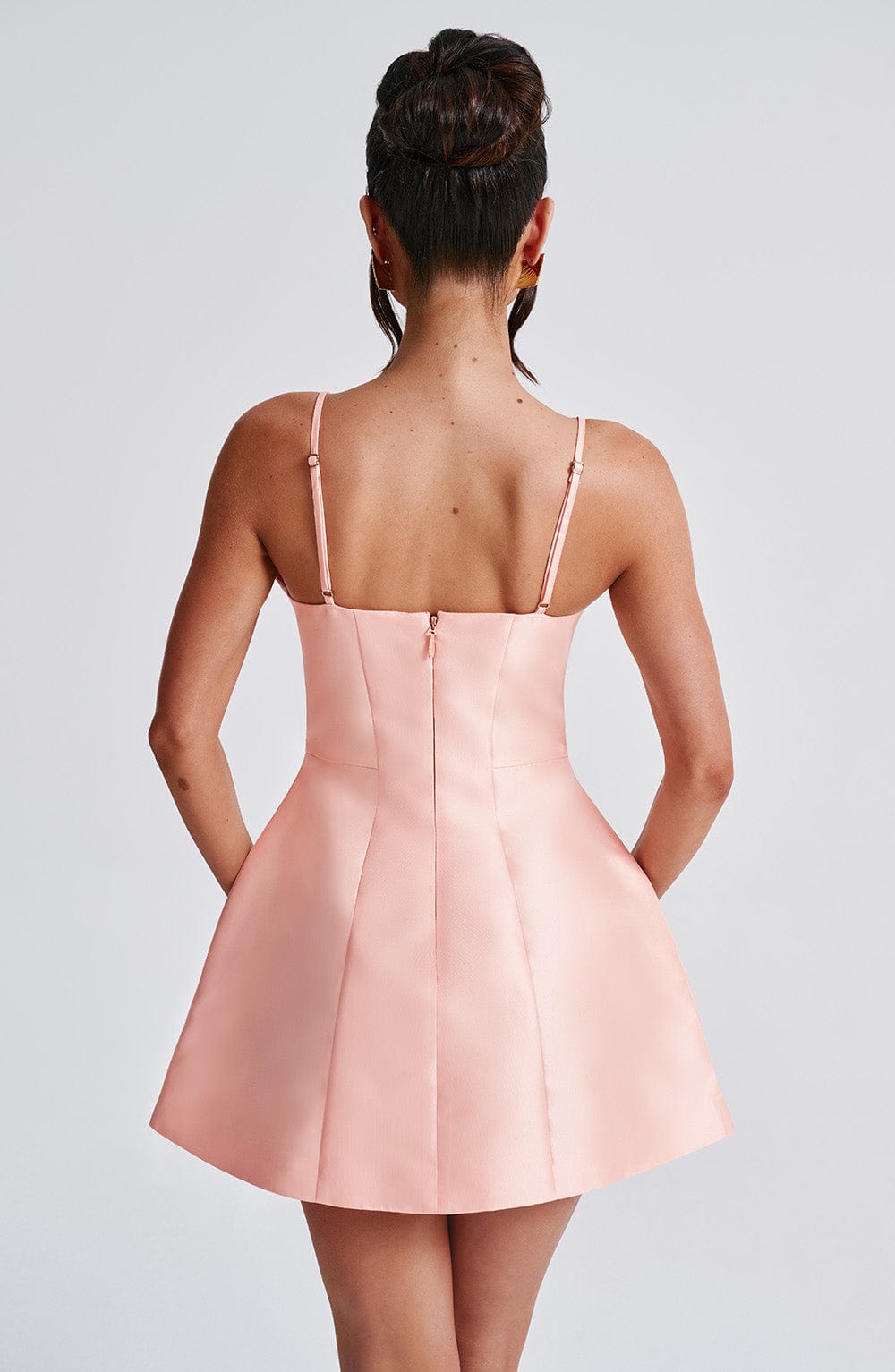 Satin Deep V-Neck Cami Strap Structured Flared Mini Dress 3