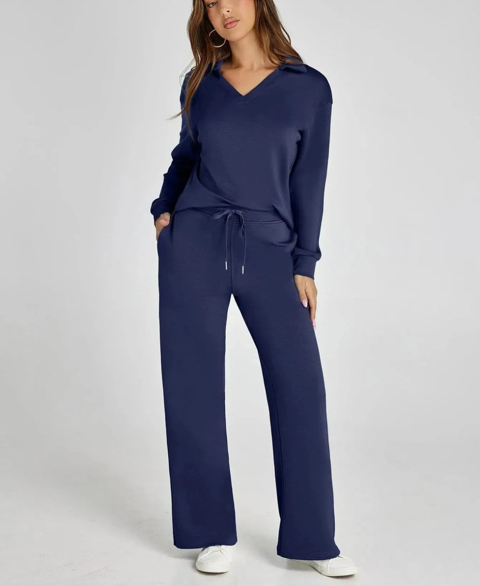 Collared Long Sleeve Top and Wide Leg Pants Two Piece Set