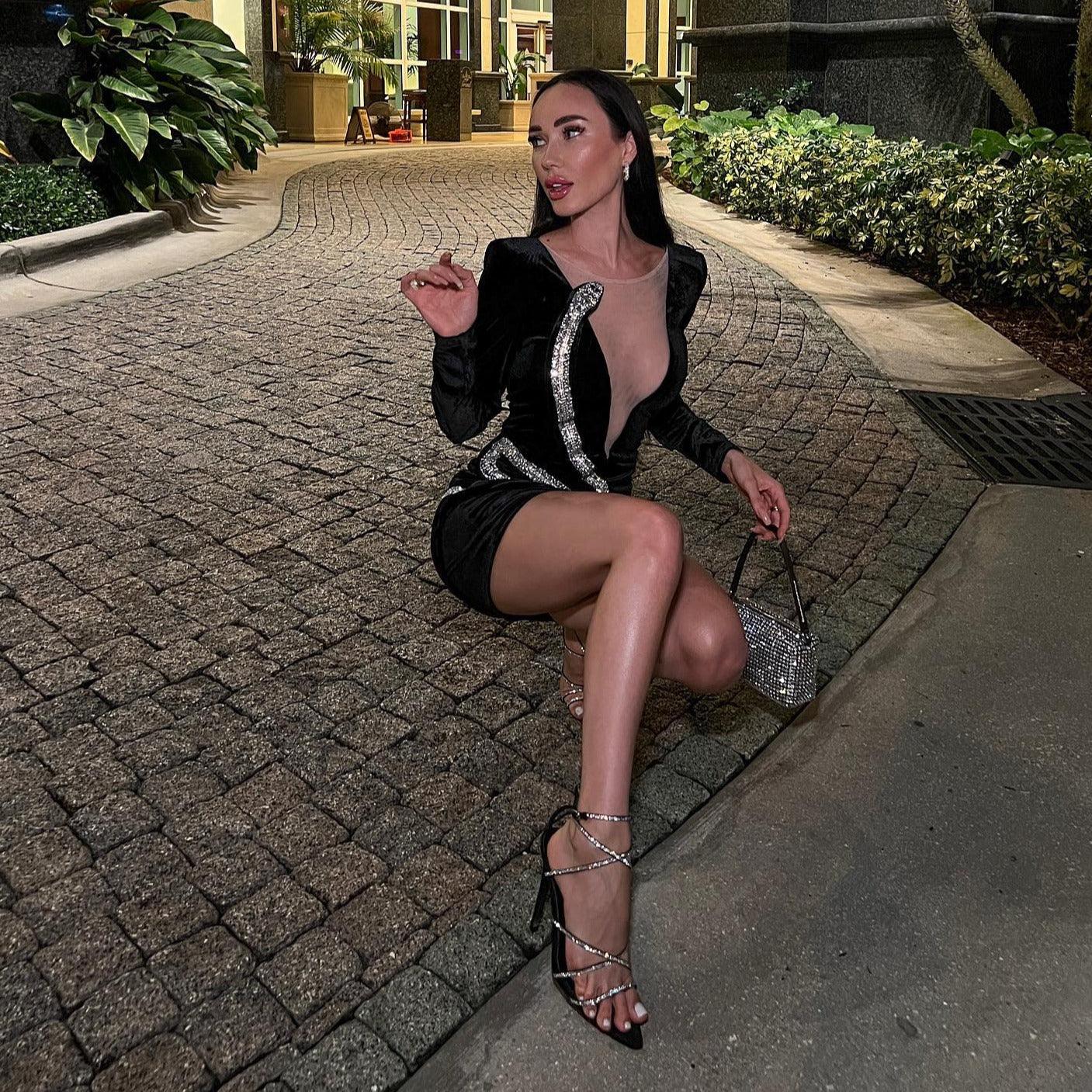 Passionate Jewel Diamond Snake Velvet Mini Dress - View 4
