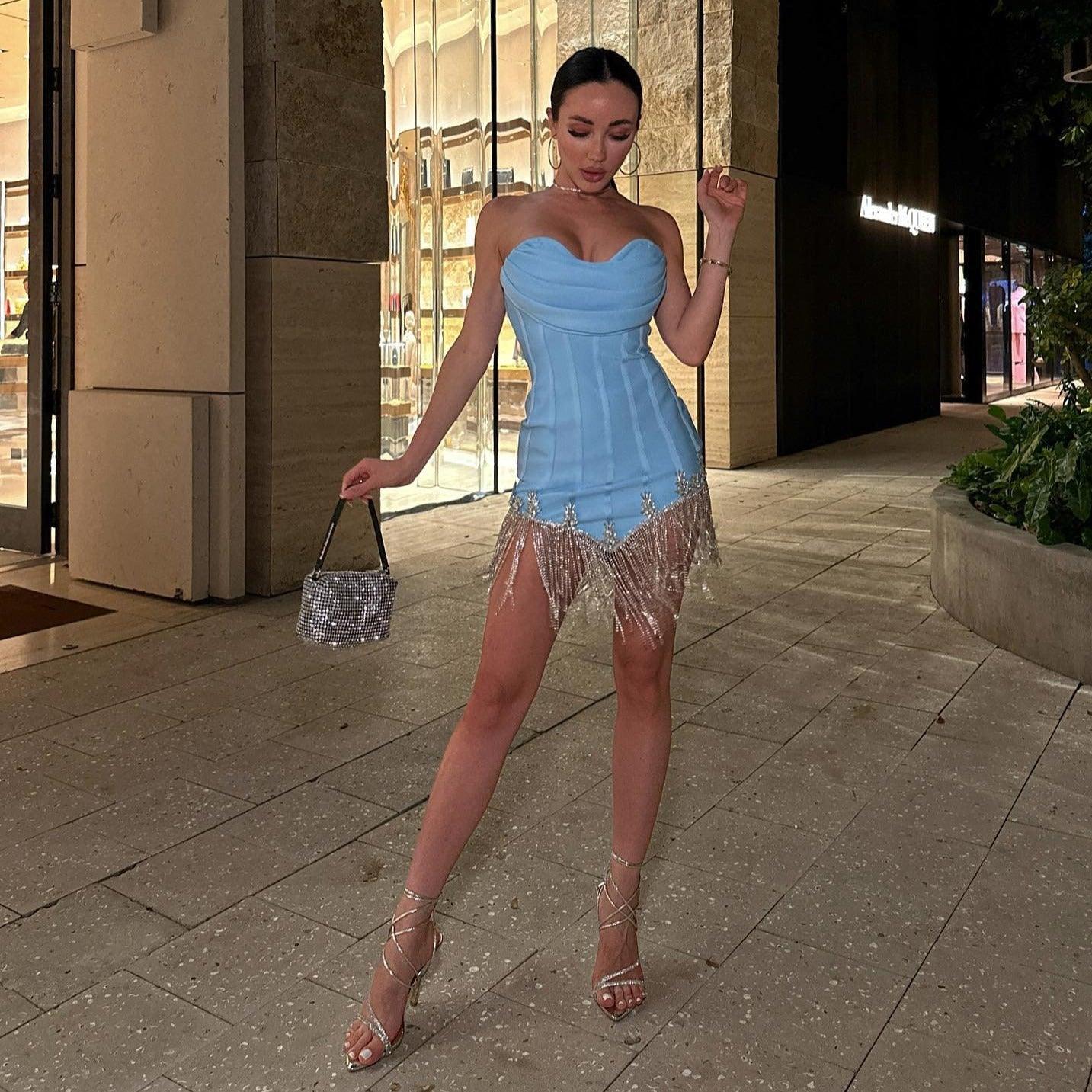 Strapless Cowl Neck Corset Rhinestone Fringe Bodycon Mini Dress