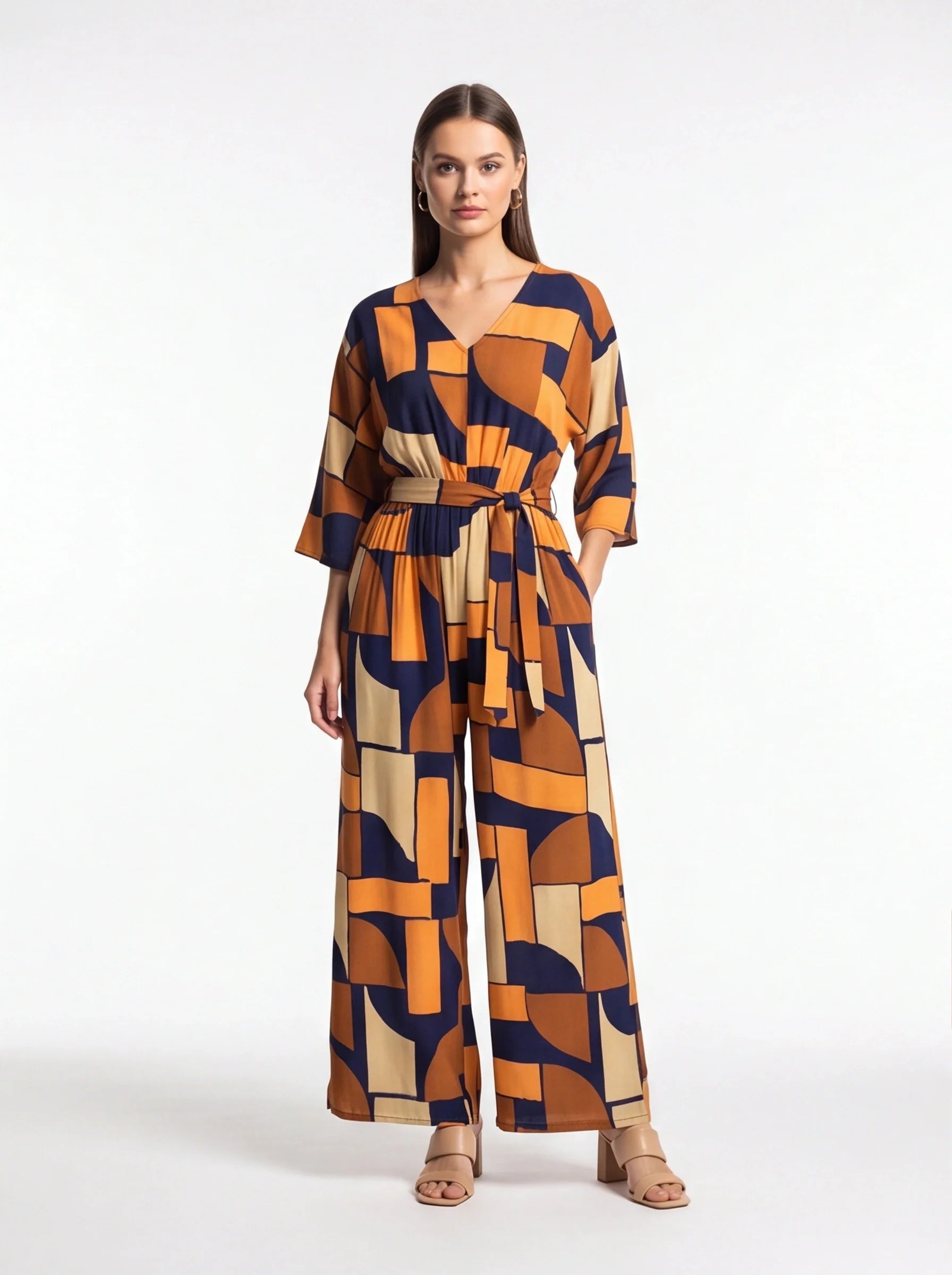 Chic Colorblock Geometric Jumpsuit with Belted Waist and Pockets