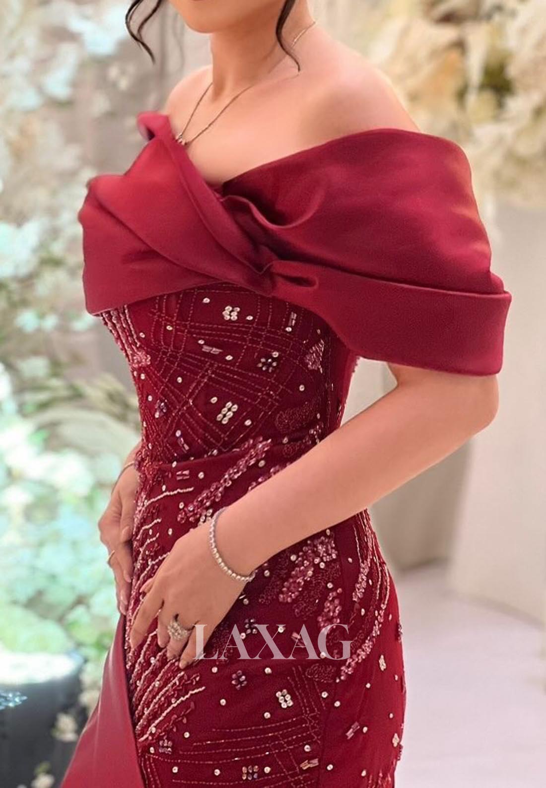 Asymmetrical-Neck Sleeveless Pleated Satin Formal Gowns Beaded Floor-Length Mermaid Evening Dress