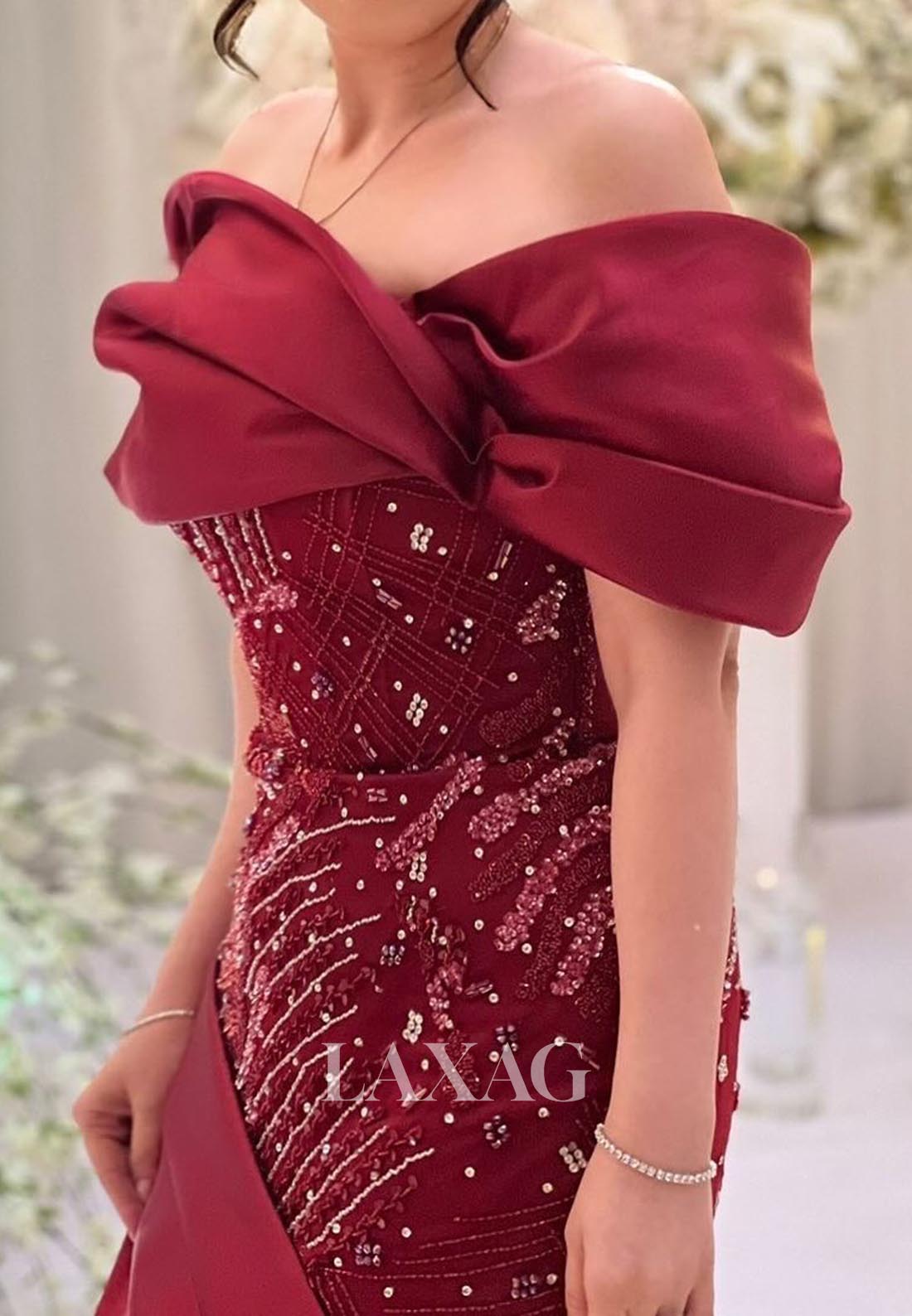 Asymmetrical-Neck Sleeveless Pleated Satin Formal Gowns Beaded Floor-Length Mermaid Evening Dress