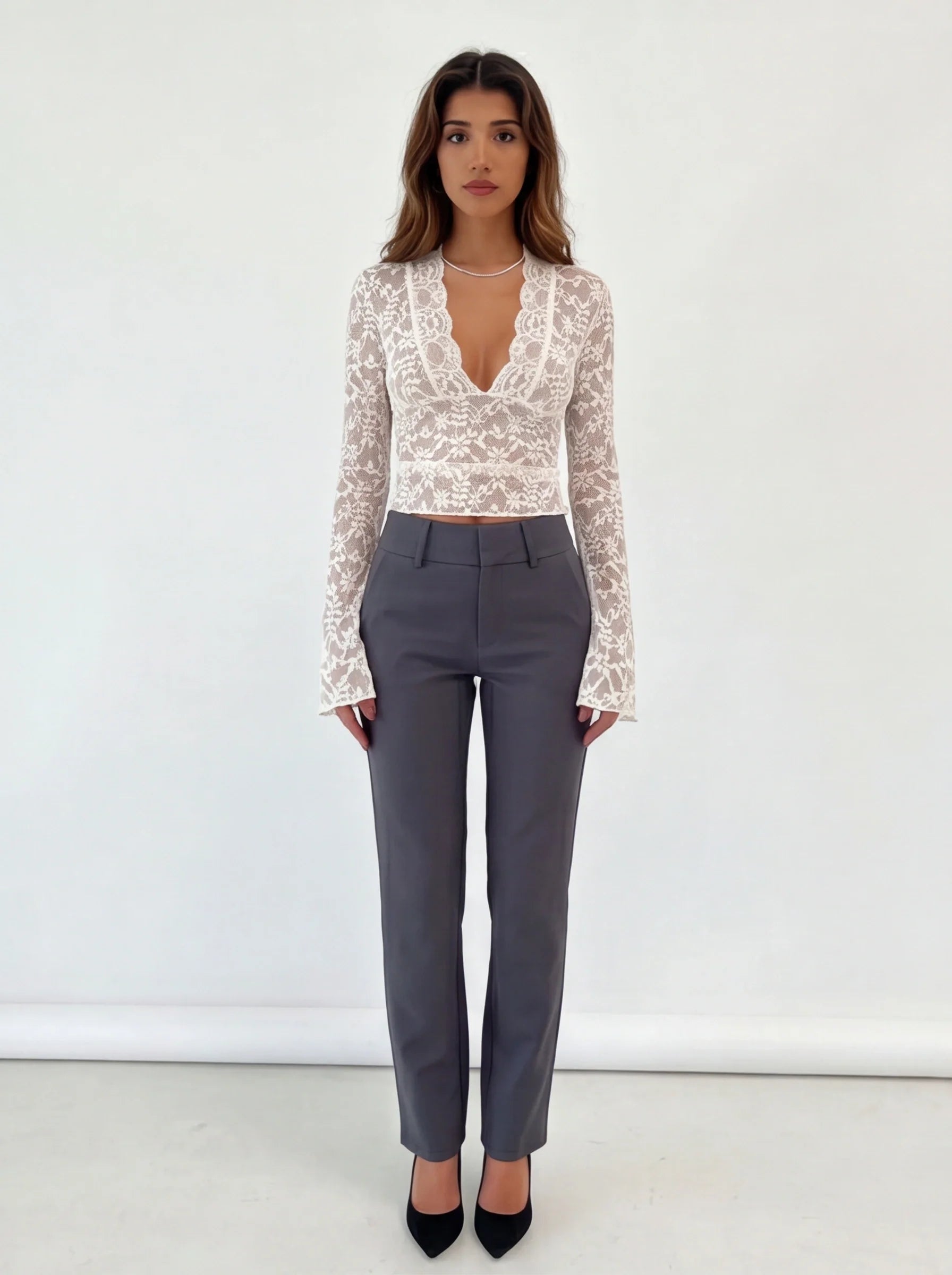 Elegant Romantic Lace Women's Top with Sheer Sleeves and Soft Lining