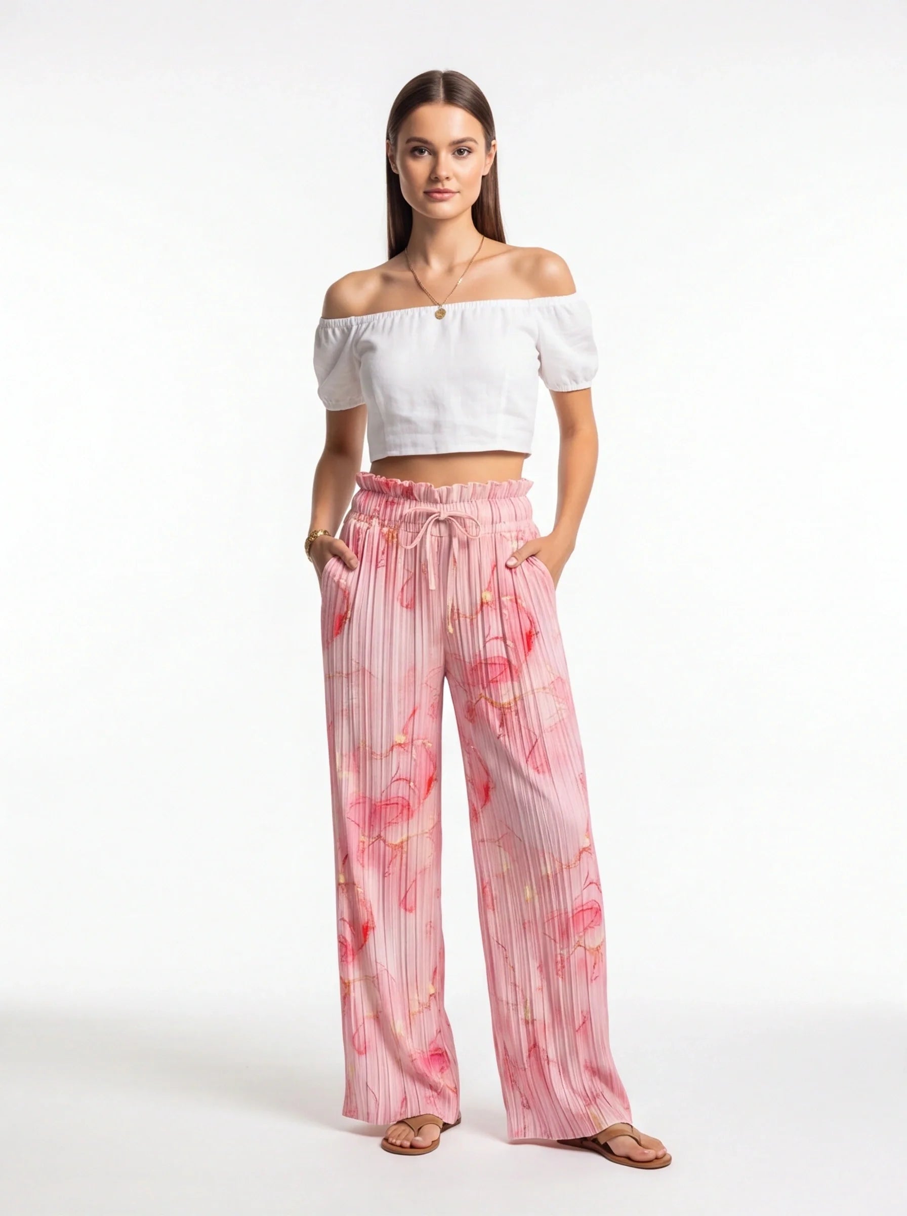 Tie Dye Palazzo Pants Pleated High Waisted Wide Leg With Pockets All Day Comfort - Jamota