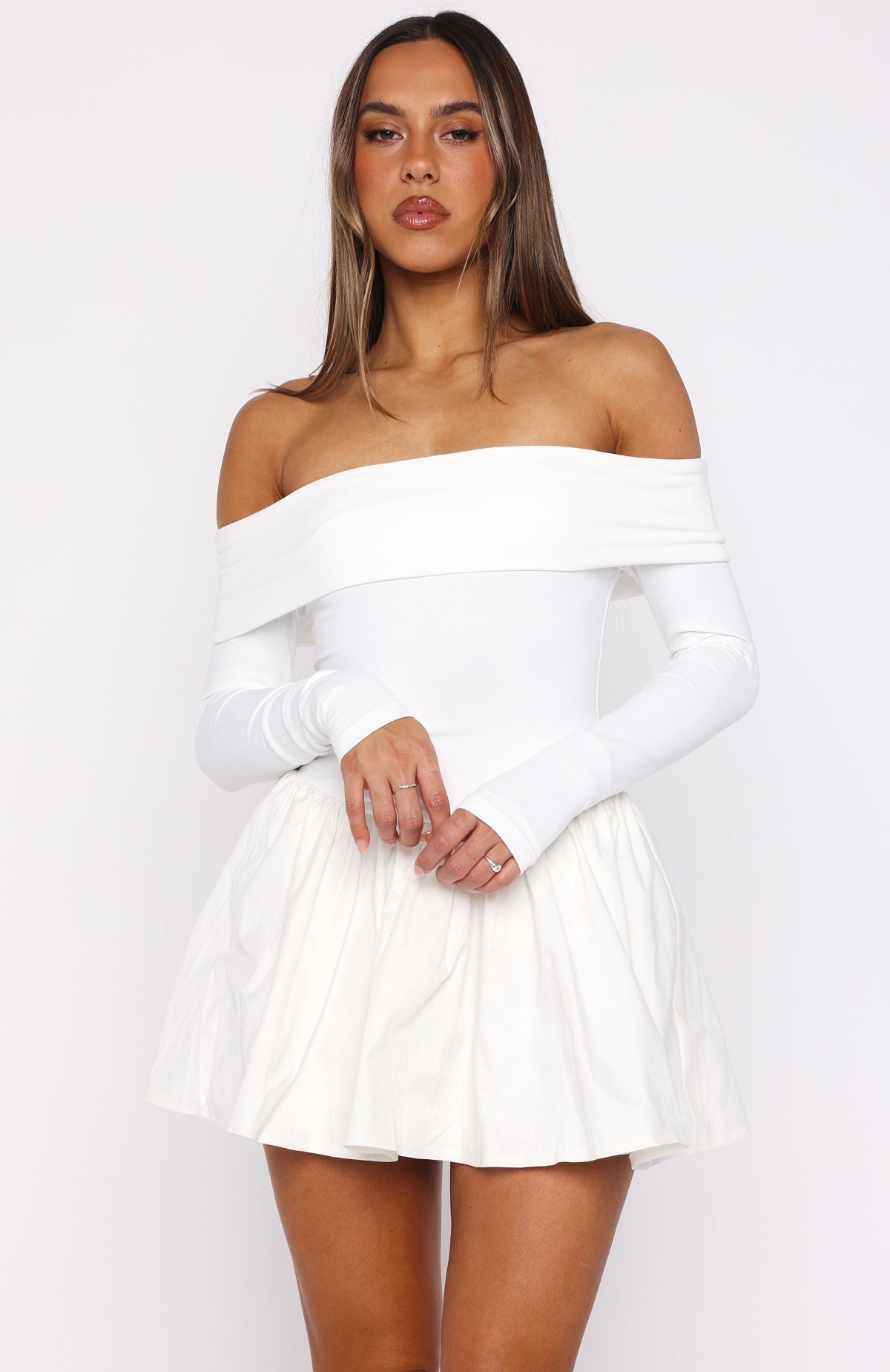 Fold Over Off Shoulder Long Sleeve Drop Waist Skater Mini Dress 2
