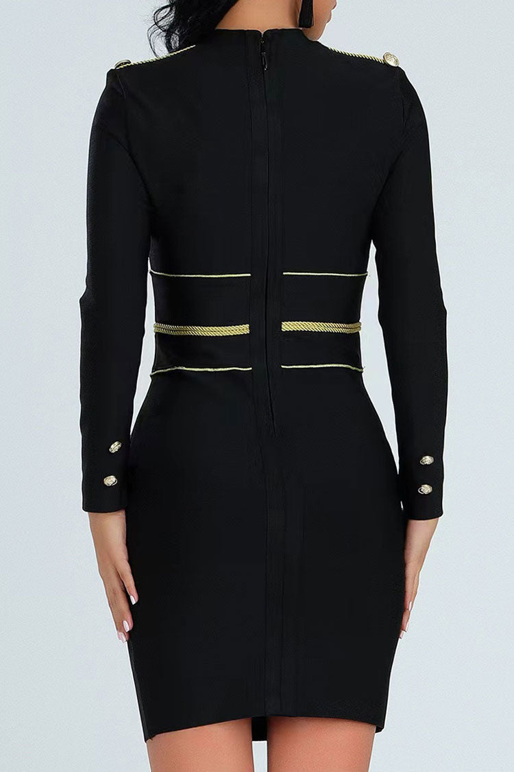 Bandage Mock Neck Long Sleeve Button Trim Bodycon Dress
