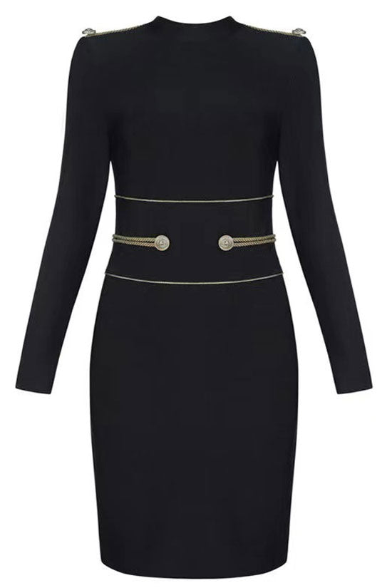 Bandage Mock Neck Long Sleeve Button Trim Bodycon Dress