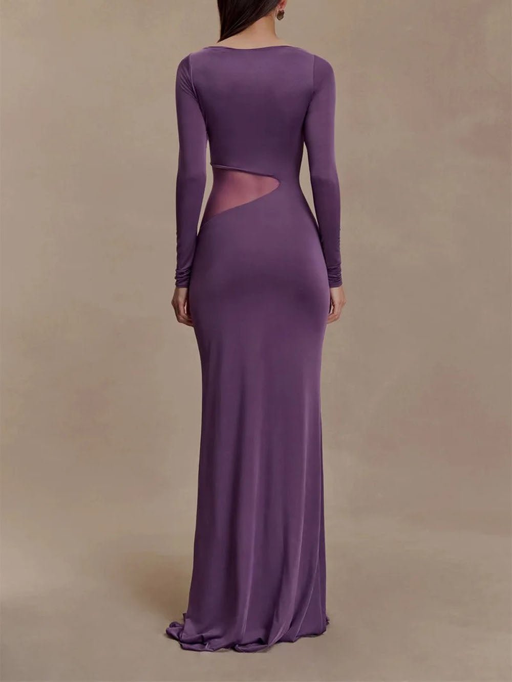Boat Neck Long Sleeve Mesh Cut Out High Split Bodycon Maxi Dress - View 2