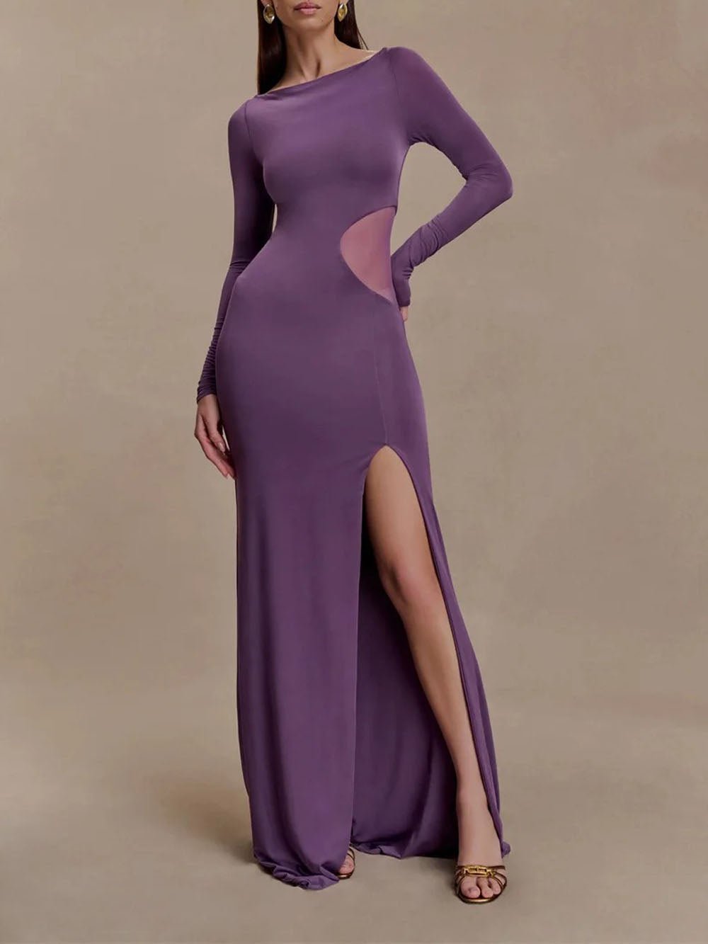 Boat Neck Long Sleeve Mesh Cut Out High Split Bodycon Maxi Dress - View 4