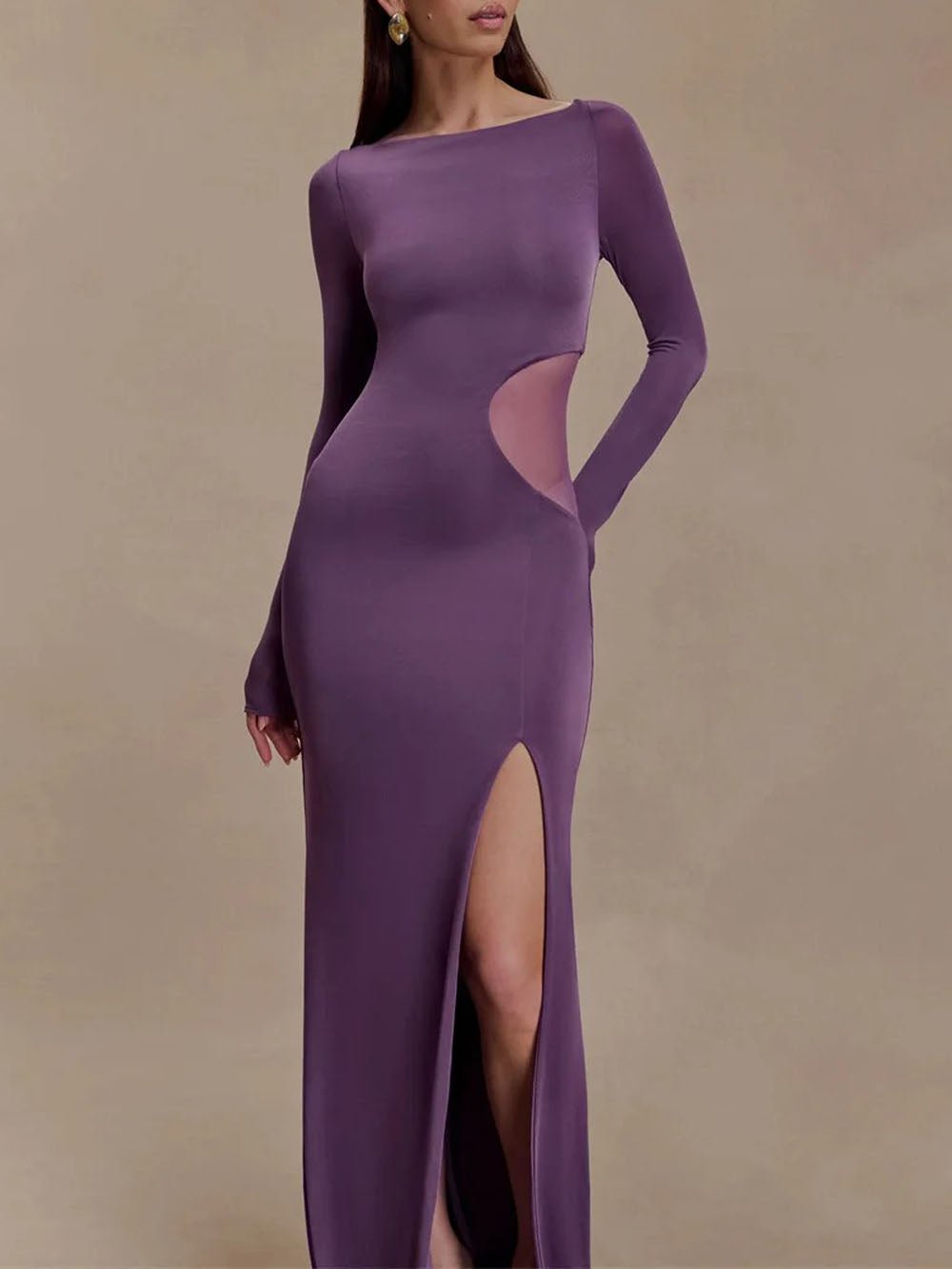 Boat Neck Long Sleeve Mesh Cut Out High Split Bodycon Maxi Dress - View 3