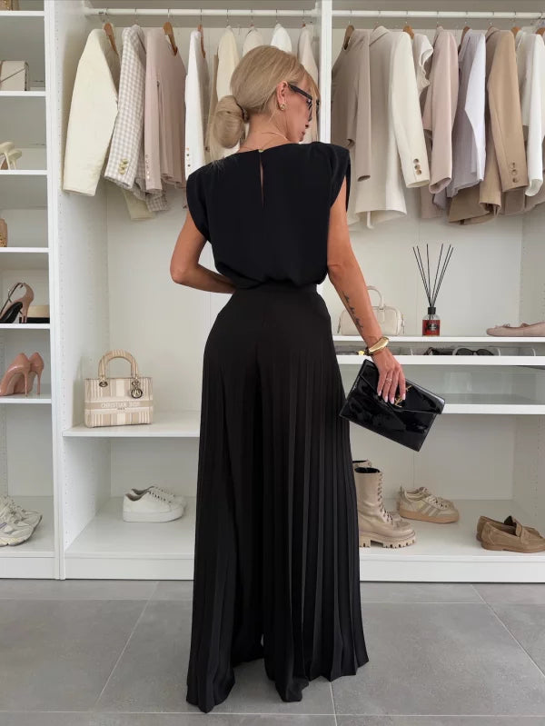 Sleeveless Shoulder Pad Top and Pleated Wide Leg Pants Two Piece Set