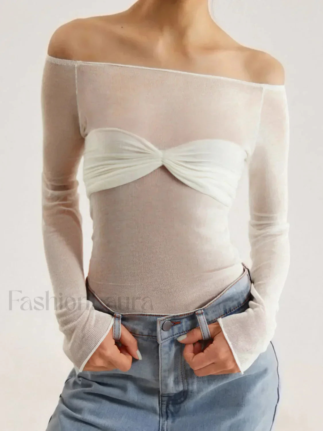 Nostalgia Off Shoulder Mesh Trendy Long Sleeve Shirt White / XS Sweaters L