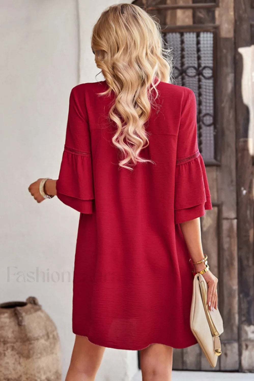 Notched Neck Flare Charming Sleeve Pocket Dress