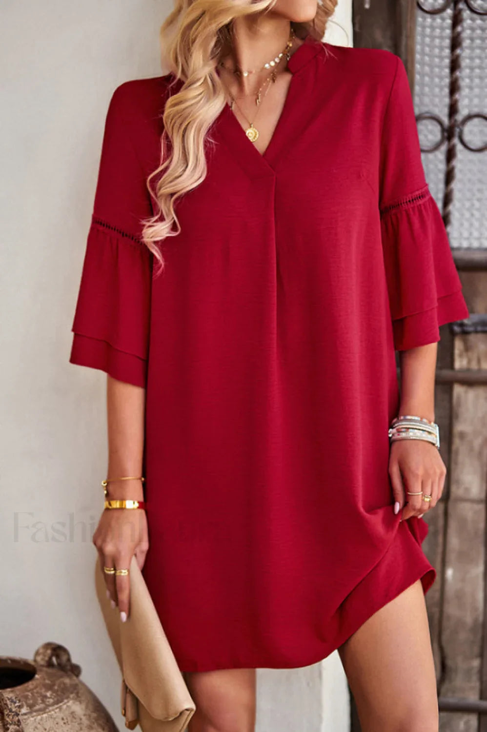Notched Neck Flare Charming Sleeve Pocket Dress