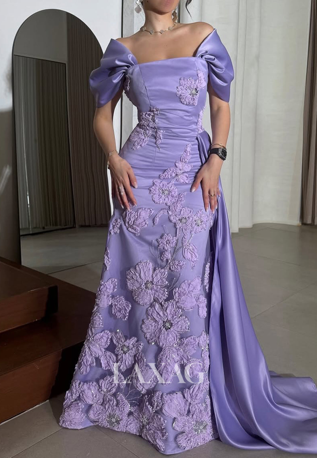 Cap-Sleeves Tube Top Beaded Pleated Mermaid Evening Dress Floral Embellished Formal Gowns