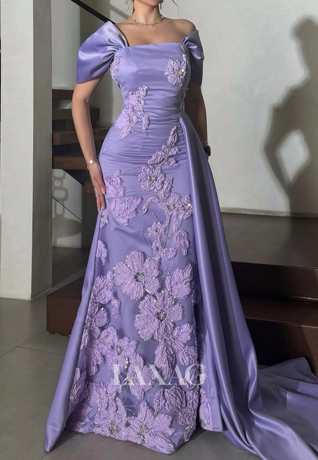 Cap-Sleeves Tube Top Beaded Pleated Mermaid Evening Dress Floral Embellished Formal Gowns