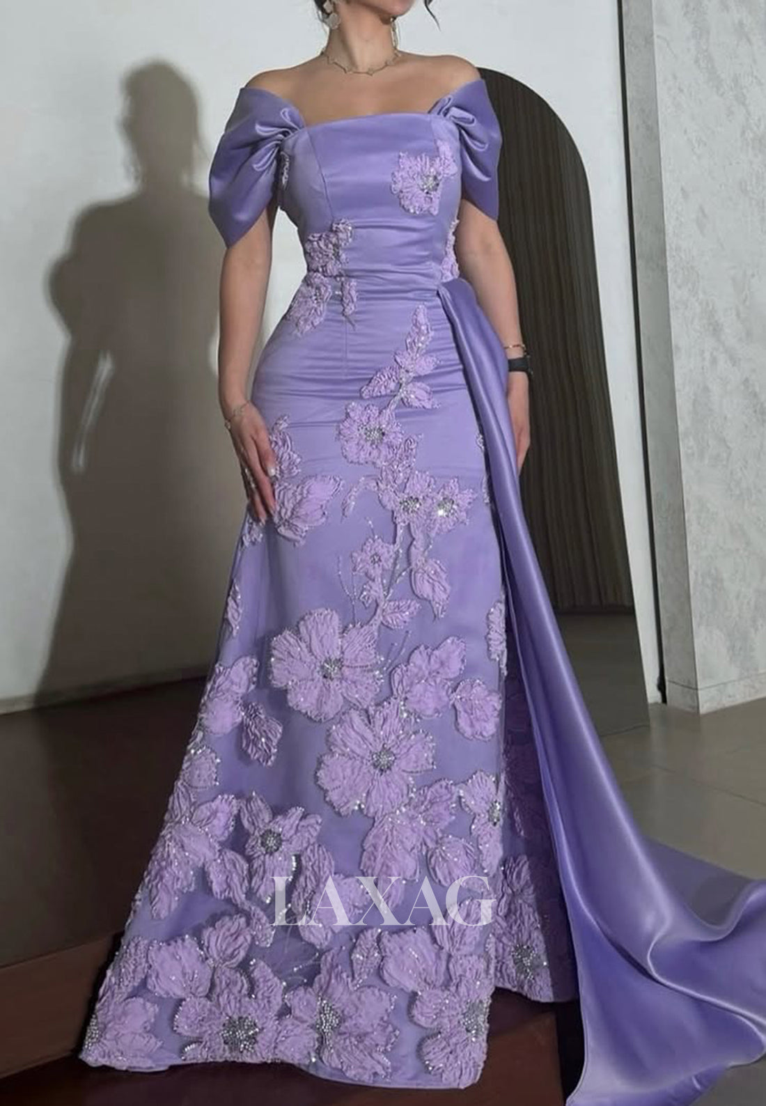 Cap-Sleeves Tube Top Beaded Pleated Mermaid Evening Dress Floral Embellished Formal Gowns