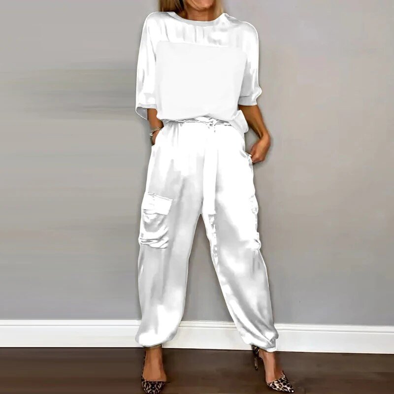 Satin Short Sleeve Top and Cargo Pants Two Piece Set