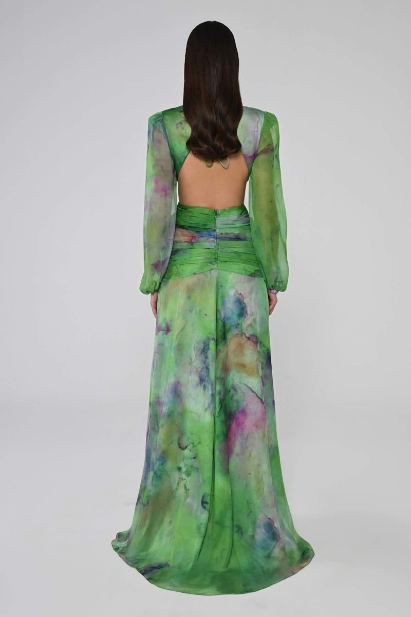 Chiffon Deep V-Neck Long Sleeve Cut Out Ruched Waist High Split Maxi Gown