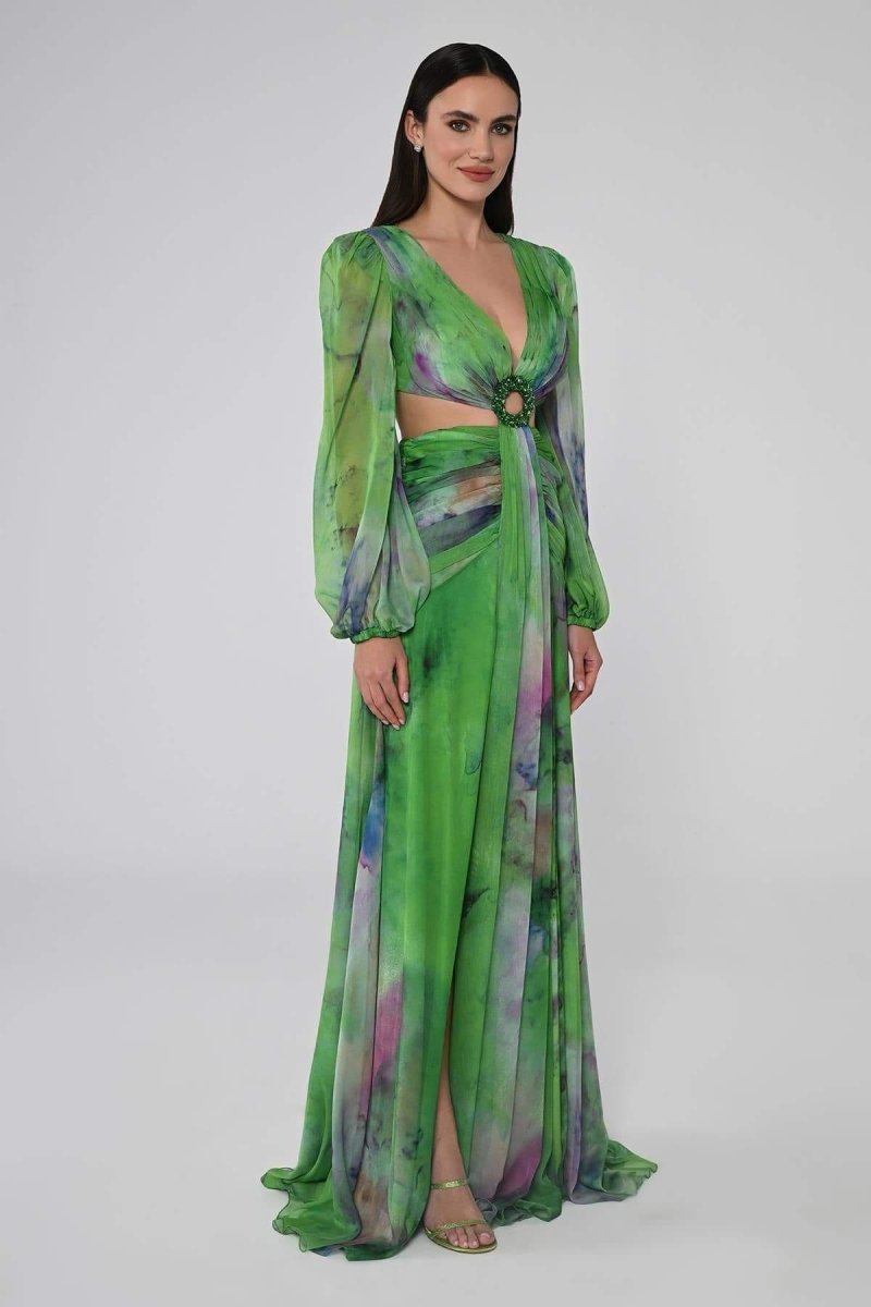 Chiffon Deep V-Neck Long Sleeve Cut Out Ruched Waist High Split Maxi Gown