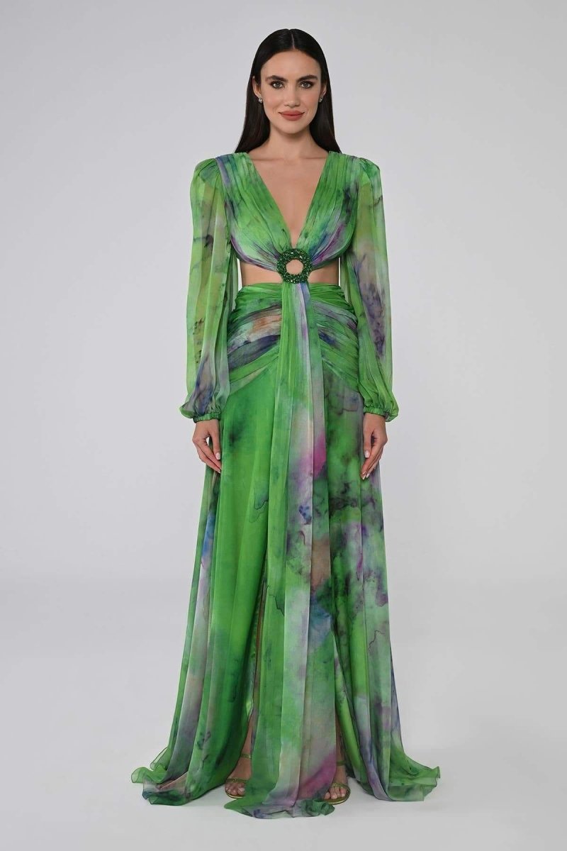 Chiffon Deep V-Neck Long Sleeve Cut Out Ruched Waist High Split Maxi Gown