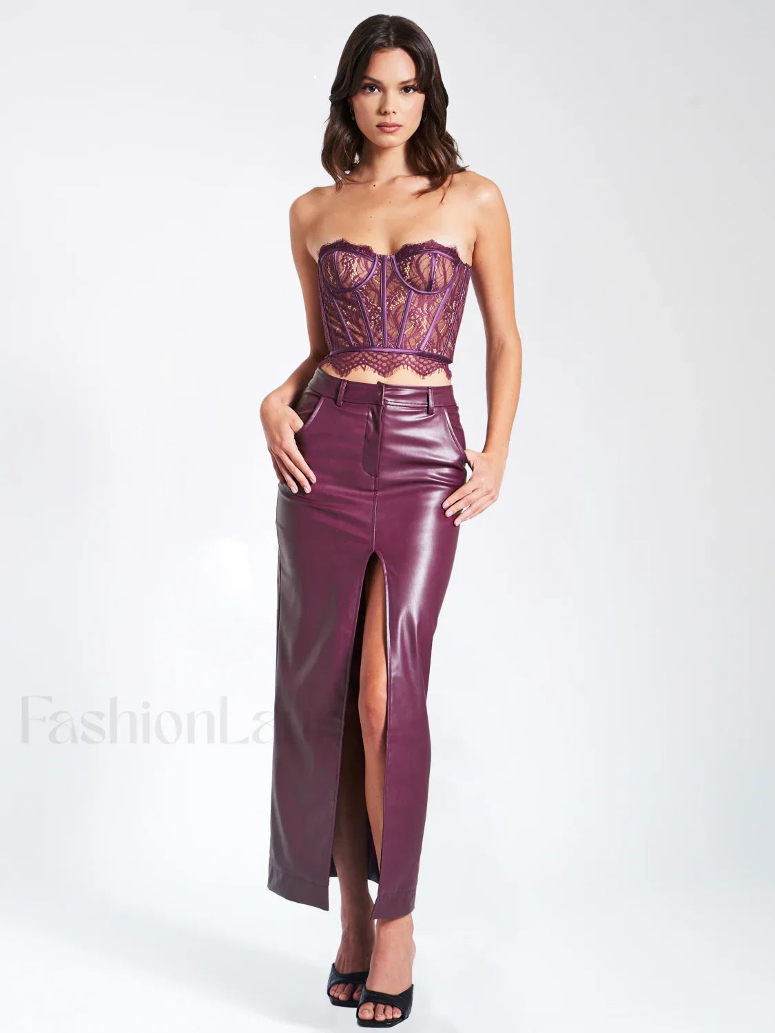 Noya Purple Front Charming Slit Vegan Leather Skirt