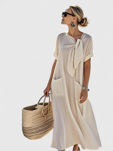 Tie Neck Short Sleeve Pocket Maxi Dress