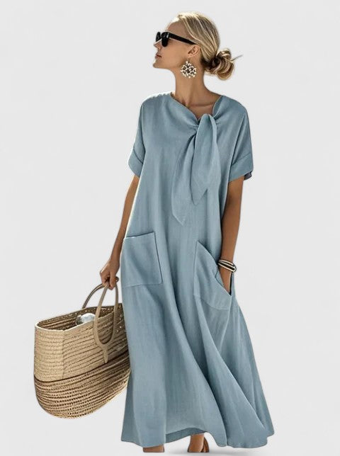 Tie Neck Short Sleeve Pocket Maxi Dress