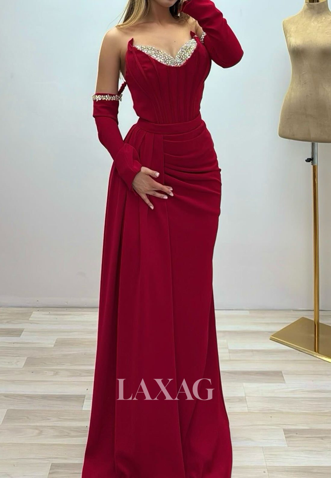 Beaded-Sweetheart Off-Shoulder Mermaid Evening Dress Long-Sleeveles Pleated Satin Formal Gowns