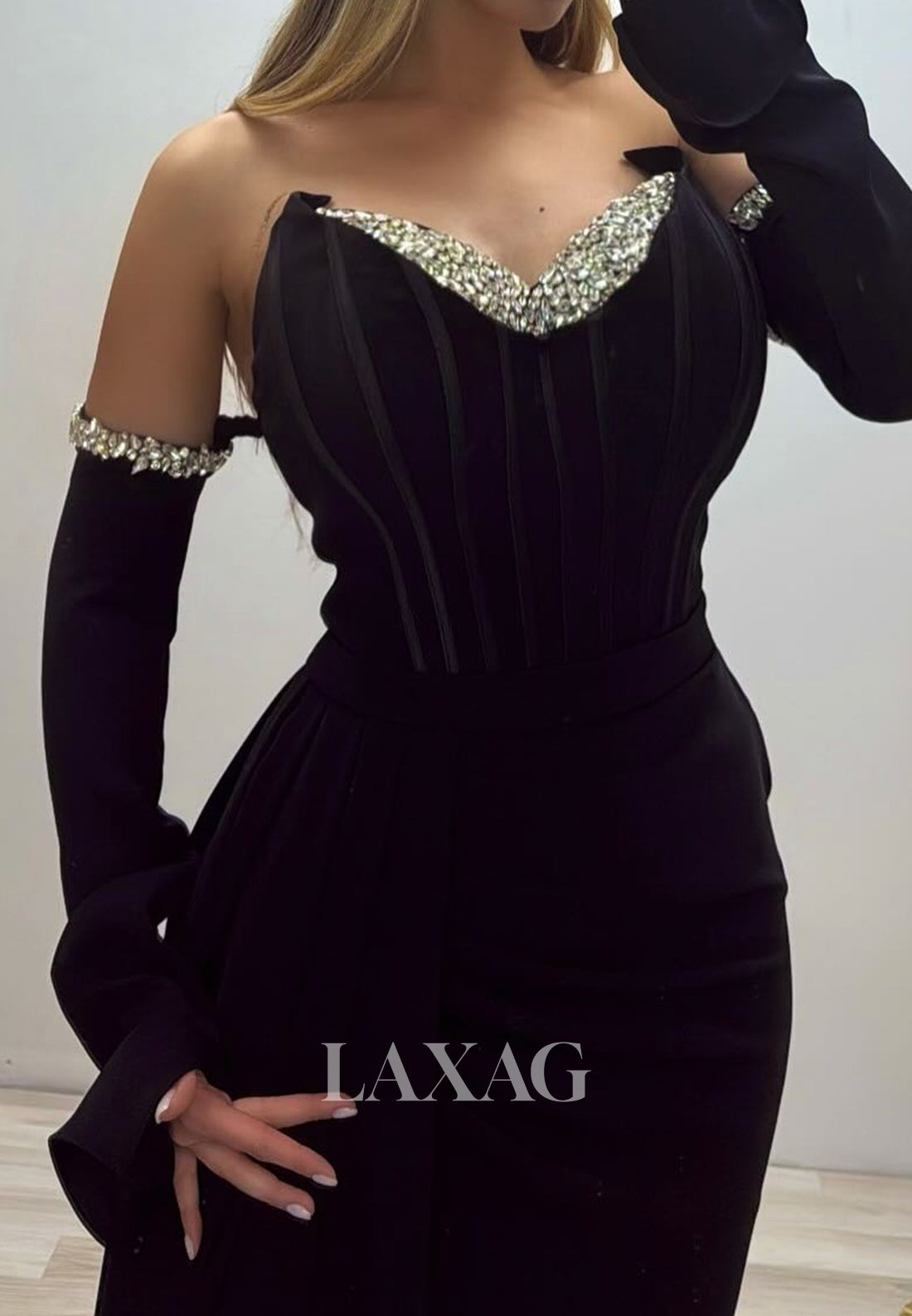 Beaded-Sweetheart Off-Shoulder Mermaid Evening Dress Long-Sleeveles Pleated Satin Formal Gowns