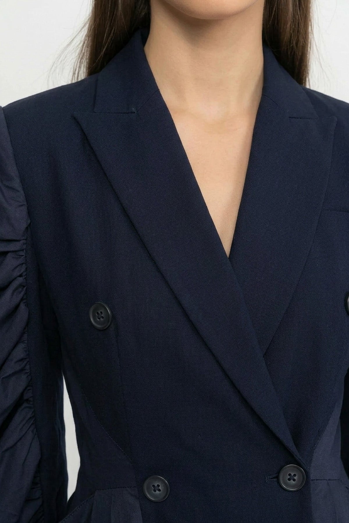 Double Breasted Puff Sleeve Pleated A-Line Midi Dress - View 3