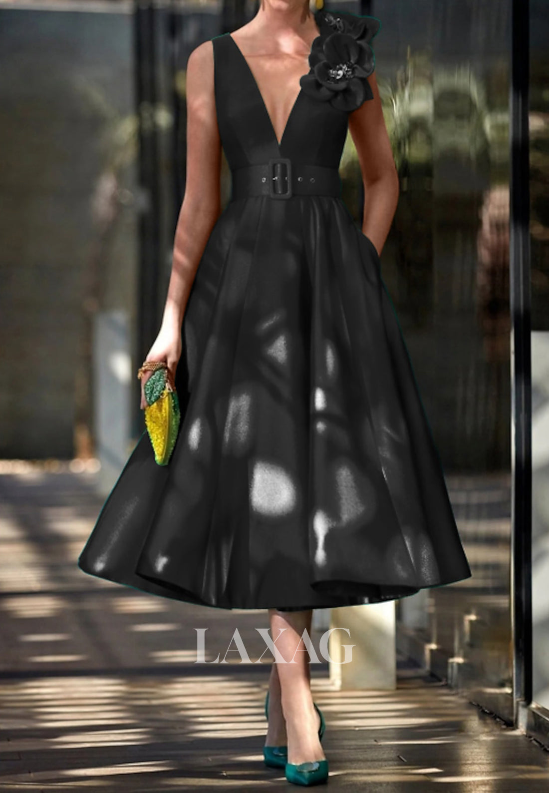 Straps Deep V-Neck Sleeveless Formal Gowns Floral Embossed Pleated Midi A-Line Wedding Guest Dress
