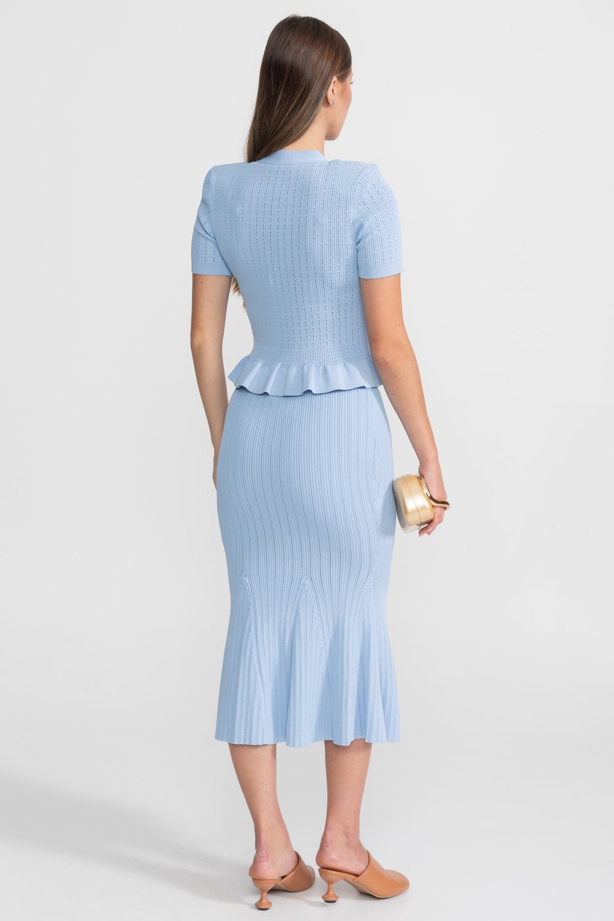 Pointelle Knit Button Front Peplum Top and Mermaid Midi Skirt Two Piece Set 5