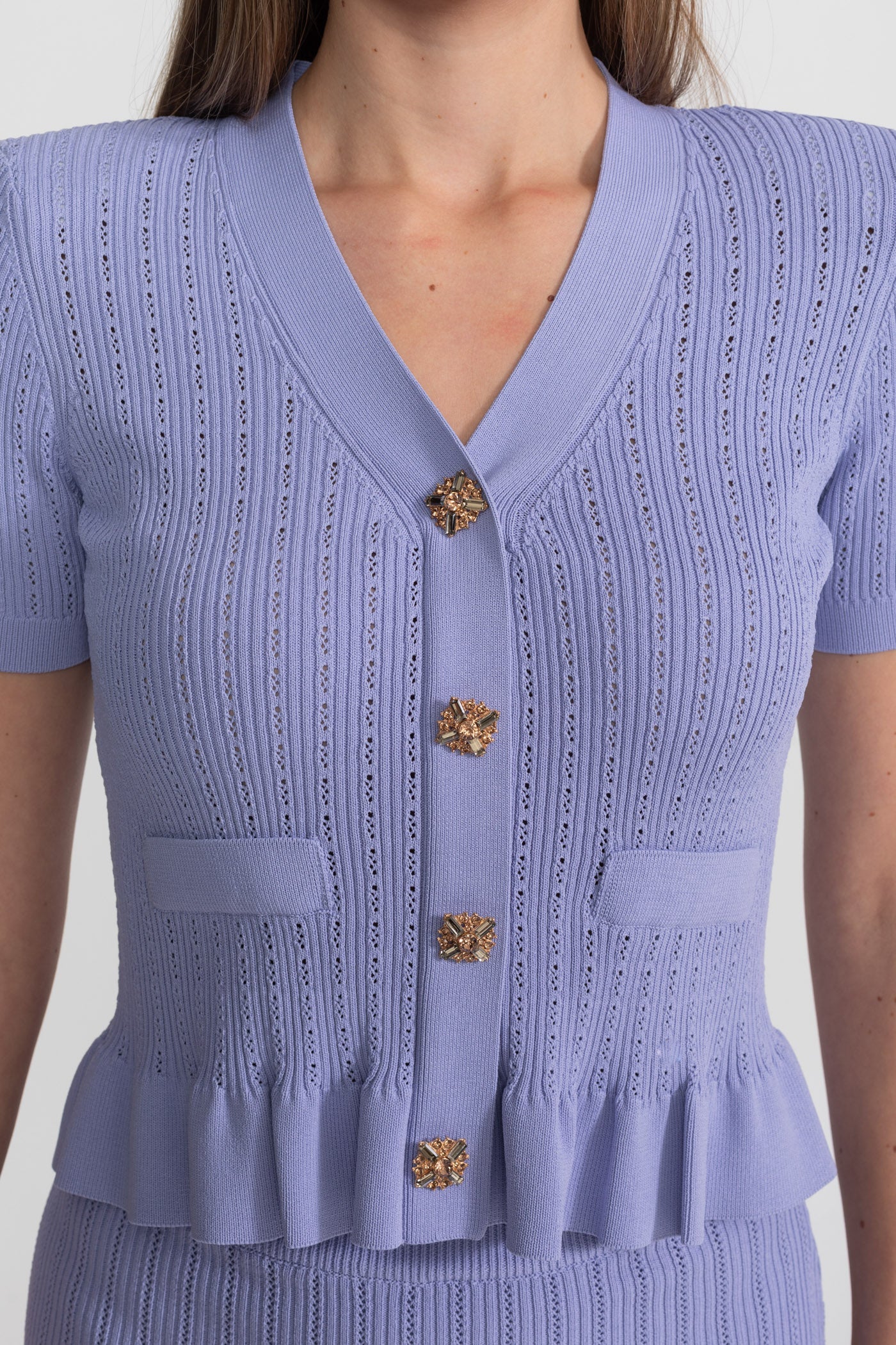 Knit Midi Co-Ord with Peplum Waist and Gold Buttons – Lilac