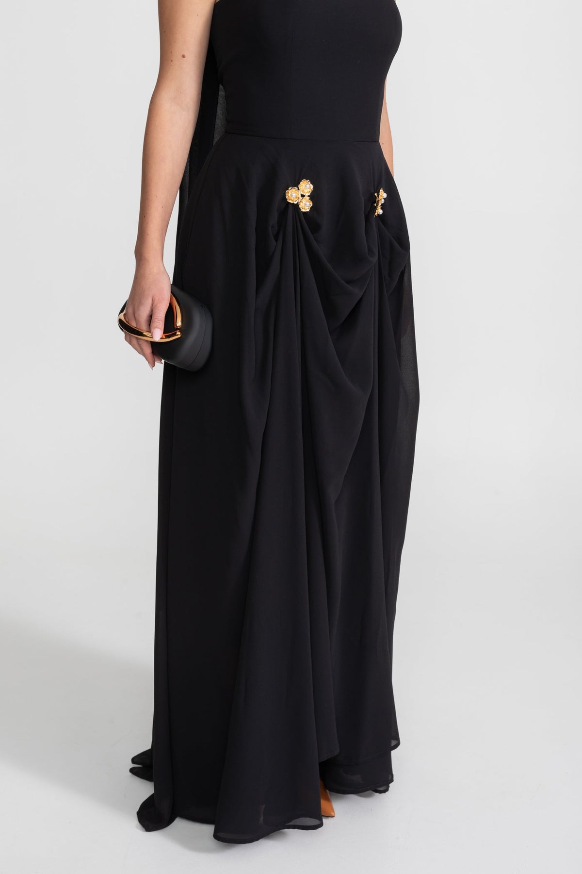 Strapless Scarf Neck Draped Floral Brooch A-Line Maxi Gown - View 6