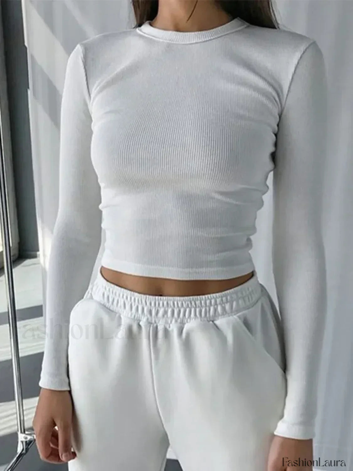 O Neck Long Sleeve Ribbed Cropped T-shirt