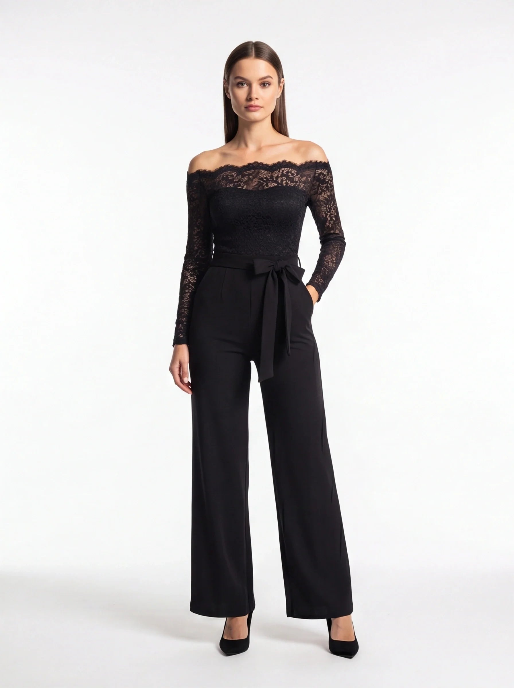 Elegant Black Slim Fit Jumpsuit with Belted Waist and Pockets