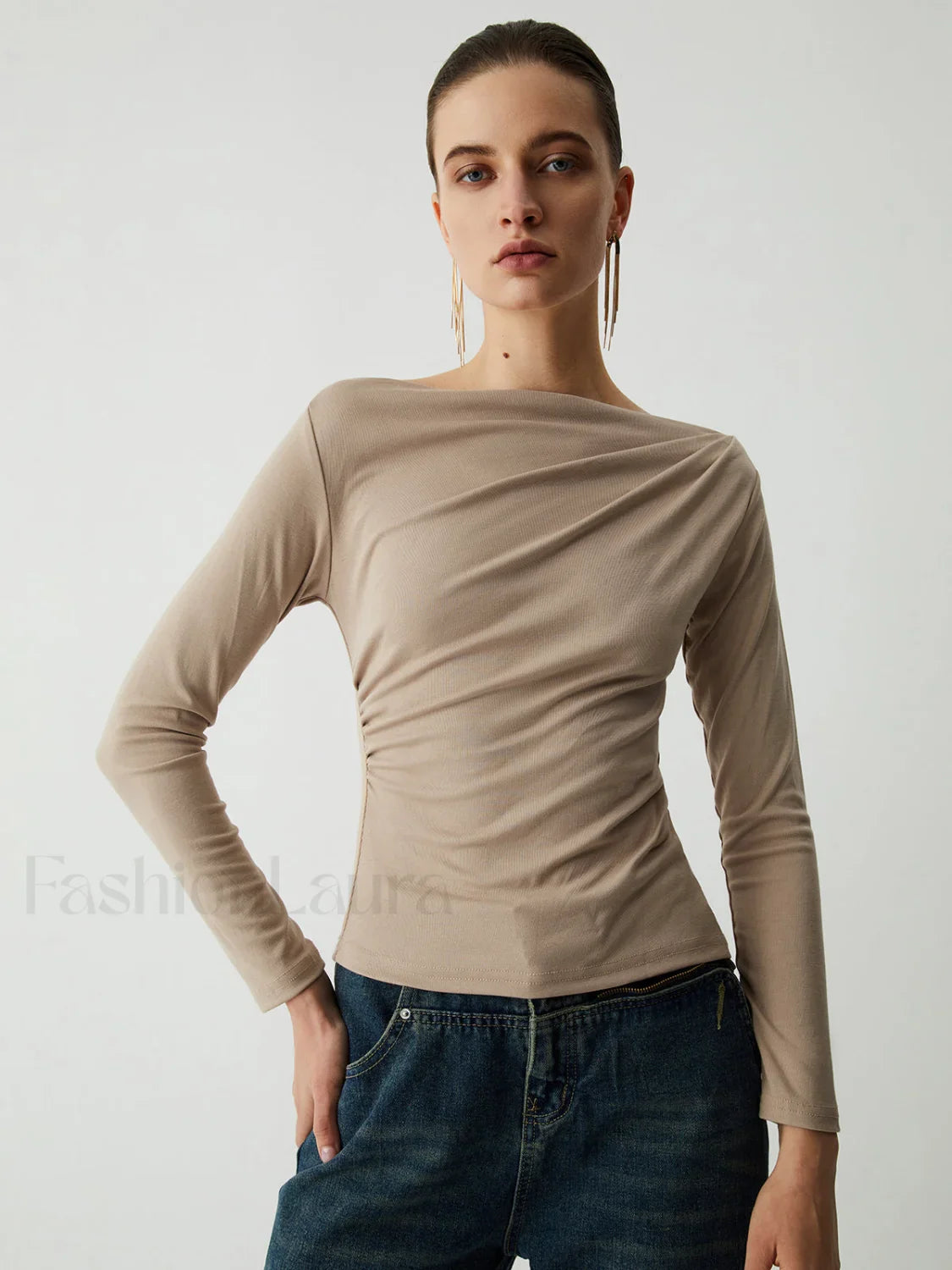 Oatmeal Ruched Graceful Long Sleeve Top Khaki / XS T Shirts